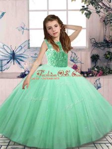 Dramatic Apple Green Ball Gowns Scoop Sleeveless Tulle Mini Length Lace Up Beading Little Girl Pageant Dress