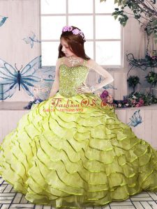 Yellow Green Ball Gowns Straps Sleeveless Organza Zipper Beading and Ruffled Layers Girls Pageant Dresses