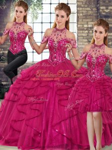 Lovely Fuchsia Sleeveless Floor Length Beading and Ruffles Lace Up Sweet 16 Dress
