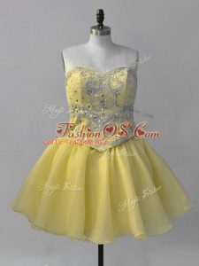 Yellow Sleeveless Mini Length Beading Lace Up Prom Dresses