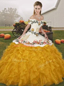 Gold Organza Lace Up Off The Shoulder Sleeveless Floor Length Vestidos de Quinceanera Embroidery and Ruffles