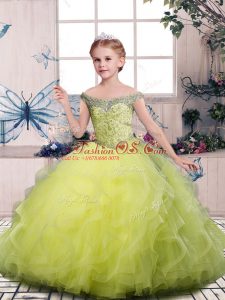 Excellent Floor Length Yellow Green Girls Pageant Dresses Off The Shoulder Sleeveless Side Zipper