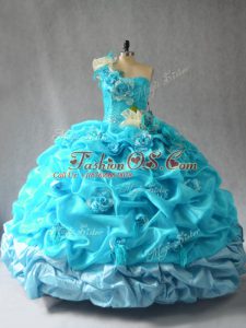 Gorgeous Aqua Blue One Shoulder Lace Up Pick Ups and Hand Made Flower Sweet 16 Quinceanera Dress Sleeveless