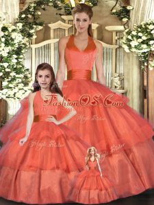 Orange Red Sleeveless Organza Lace Up Quinceanera Dresses for Sweet 16 and Quinceanera