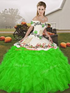 New Arrival Floor Length Green 15th Birthday Dress Organza Sleeveless Embroidery and Ruffles
