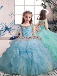 Sleeveless Organza Floor Length Lace Up Kids Formal Wear in Light Blue with Beading and Ruffles