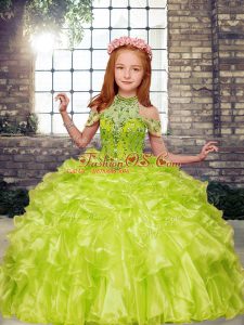 Adorable Yellow Green High-neck Lace Up Beading and Ruffles Kids Pageant Dress Sleeveless