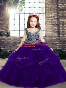 Exquisite Sleeveless Tulle Floor Length Lace Up Child Pageant Dress in Purple with Beading