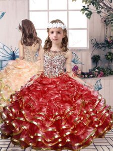 Scoop Sleeveless Organza Little Girls Pageant Gowns Beading and Ruffles Lace Up
