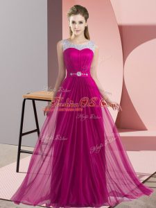 Fuchsia Scoop Neckline Beading Bridesmaid Gown Sleeveless Lace Up