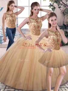 Artistic Scoop Sleeveless Lace Up Quince Ball Gowns Gold Tulle