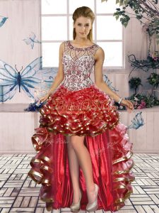 Captivating Red Sleeveless High Low Beading and Ruffled Layers Lace Up Prom Evening Gown