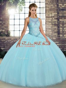 High End Aqua Blue Scoop Neckline Embroidery Quinceanera Dresses Sleeveless Lace Up
