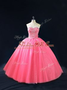 Hot Pink Sleeveless Floor Length Beading Side Zipper 15 Quinceanera Dress