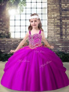 Fuchsia Little Girls Pageant Dress Party and Sweet 16 and Wedding Party with Beading and Pick Ups Straps Sleeveless Lace Up