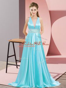 V-neck Sleeveless Elastic Woven Satin Mother Of The Bride Dress Beading Brush Train Backless