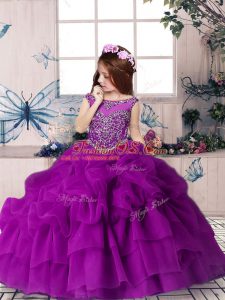 Beauteous Floor Length Purple Kids Pageant Dress Organza Sleeveless Beading and Pick Ups