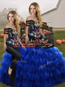 Embroidery and Ruffled Layers Sweet 16 Dresses Blue And Black Lace Up Sleeveless Floor Length