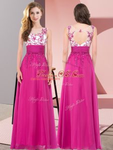 High Quality Fuchsia Chiffon Backless Bridesmaid Dress Sleeveless Floor Length Appliques