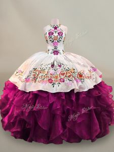 Flare Floor Length Fuchsia 15th Birthday Dress Halter Top Sleeveless Lace Up