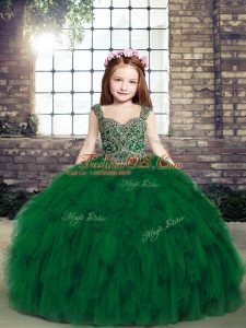 Fancy Sleeveless Tulle Floor Length Lace Up Little Girls Pageant Gowns in Dark Green with Beading and Ruffles