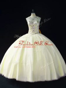 Excellent Light Yellow Sweet 16 Dress Sweet 16 and Quinceanera with Beading Scoop Sleeveless Lace Up