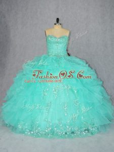 Super Aqua Blue Sleeveless Floor Length Beading and Appliques Lace Up Quinceanera Gown
