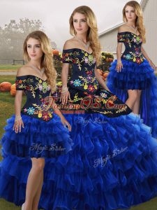 Sweet Blue And Black Organza Lace Up Vestidos de Quinceanera Sleeveless Floor Length Embroidery and Ruffled Layers