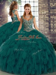 Dramatic Peacock Green Sweet 16 Dress Military Ball and Sweet 16 and Quinceanera with Beading and Ruffles Straps Sleeveless Lace Up