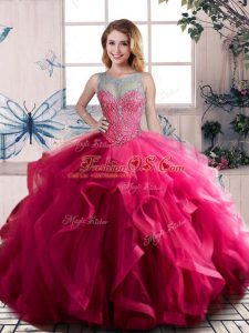 Sleeveless Floor Length Beading and Ruffles Lace Up Quinceanera Gown with Fuchsia