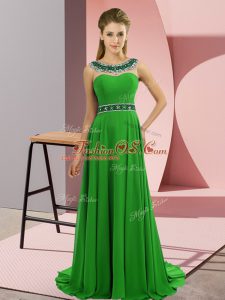 Exceptional Green Sleeveless Chiffon Brush Train Zipper Prom Evening Gown for Prom and Party