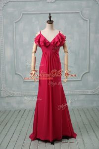 Hot Pink Empire Straps Sleeveless Chiffon Brush Train Zipper Ruching Mother Of The Bride Dress