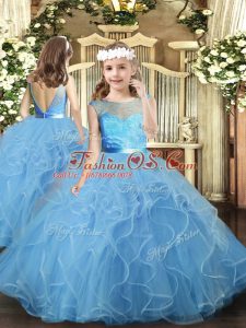 Baby Blue Backless Little Girls Pageant Dress Ruffles Sleeveless Floor Length