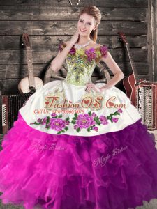 Floor Length Lace Up Sweet 16 Dress White And Purple for Sweet 16 and Quinceanera with Embroidery and Ruffles