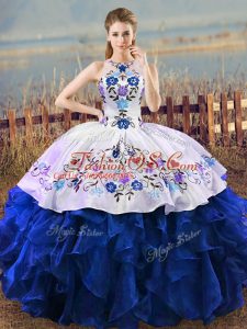 High Quality Blue And White Ball Gowns Embroidery and Ruffles 15th Birthday Dress Lace Up Organza Sleeveless Floor Length