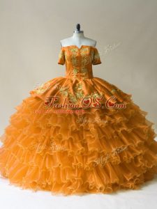 Glittering Gold Vestidos de Quinceanera Sweet 16 and Quinceanera with Embroidery and Ruffled Layers Off The Shoulder Sleeveless Lace Up
