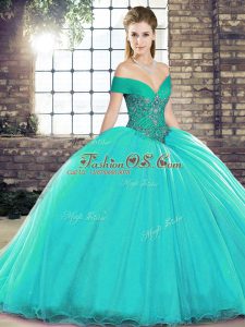 Turquoise Ball Gowns Off The Shoulder Sleeveless Organza Brush Train Lace Up Beading 15th Birthday Dress