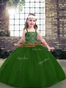 Sleeveless Tulle Floor Length Lace Up Child Pageant Dress in Green with Beading