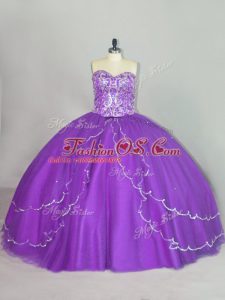 Free and Easy Sweetheart Sleeveless Ball Gown Prom Dress Brush Train Beading and Sequins Purple Tulle