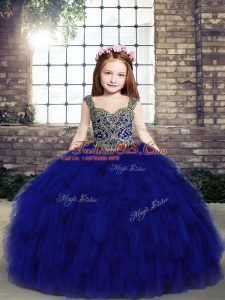 Sleeveless Beading and Ruffles Lace Up Little Girl Pageant Dress with Royal Blue