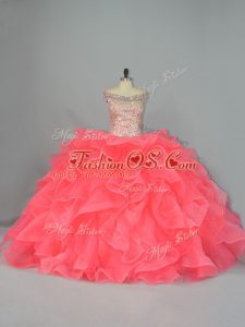 Extravagant Watermelon Red Organza Lace Up Ball Gown Prom Dress Sleeveless Beading and Ruffles