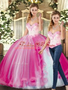 Fuchsia Sleeveless Floor Length Beading Lace Up Quince Ball Gowns