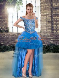 Sumptuous High Low Lace Up Prom Dresses Blue for Prom and Party with Beading and Ruffles