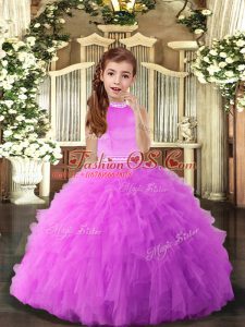 Lilac Ball Gowns Beading and Ruffles Girls Pageant Dresses Backless Tulle Sleeveless Floor Length
