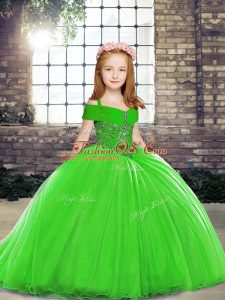 Green Ball Gowns Beading Evening Gowns Lace Up Tulle Sleeveless