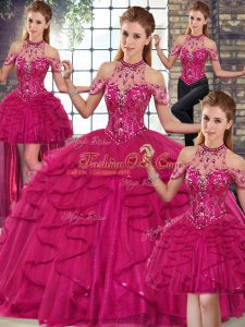 Hot Sale Fuchsia Quinceanera Gowns Military Ball and Sweet 16 and Quinceanera with Beading and Ruffles Halter Top Sleeveless Lace Up