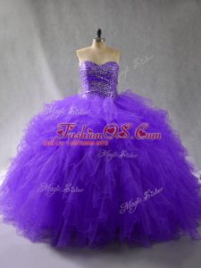 Unique Purple Sleeveless Floor Length Beading and Ruffles Lace Up Quinceanera Dresses