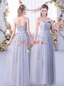 Unique Tulle Sleeveless Floor Length Quinceanera Dama Dress and Lace and Belt