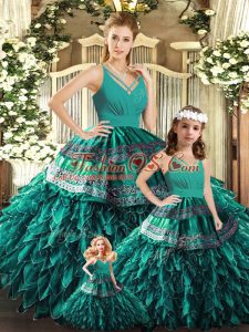 Turquoise V-neck Backless Appliques and Ruffles Quince Ball Gowns Sleeveless