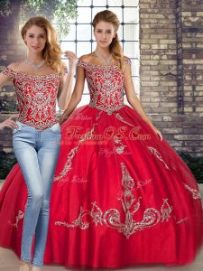 High Class Off The Shoulder Sleeveless Tulle Ball Gown Prom Dress Beading and Embroidery Lace Up